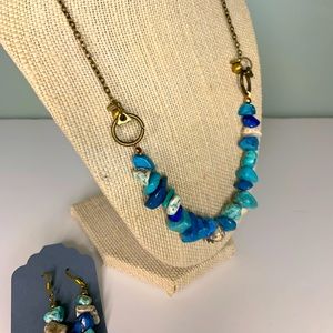 Stunning Beaded Chip Stone Necklace/Earring Set. Handmade. NEW. 23” Blue